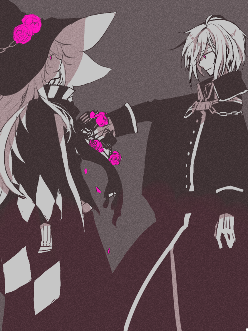 wane (ruki), minstrel (ragnarok online), rebellion (ragnarok online), ragnarok online, commentary request, 2boys, buttons, chain, closed mouth, coat, cowboy shot, flower, greyscale, hat, hat flower, long hair, looking at another, male focus, military uniform, monochrome, multiple boys, pink eyes, pink flower, profile, scarf, smile, spot color