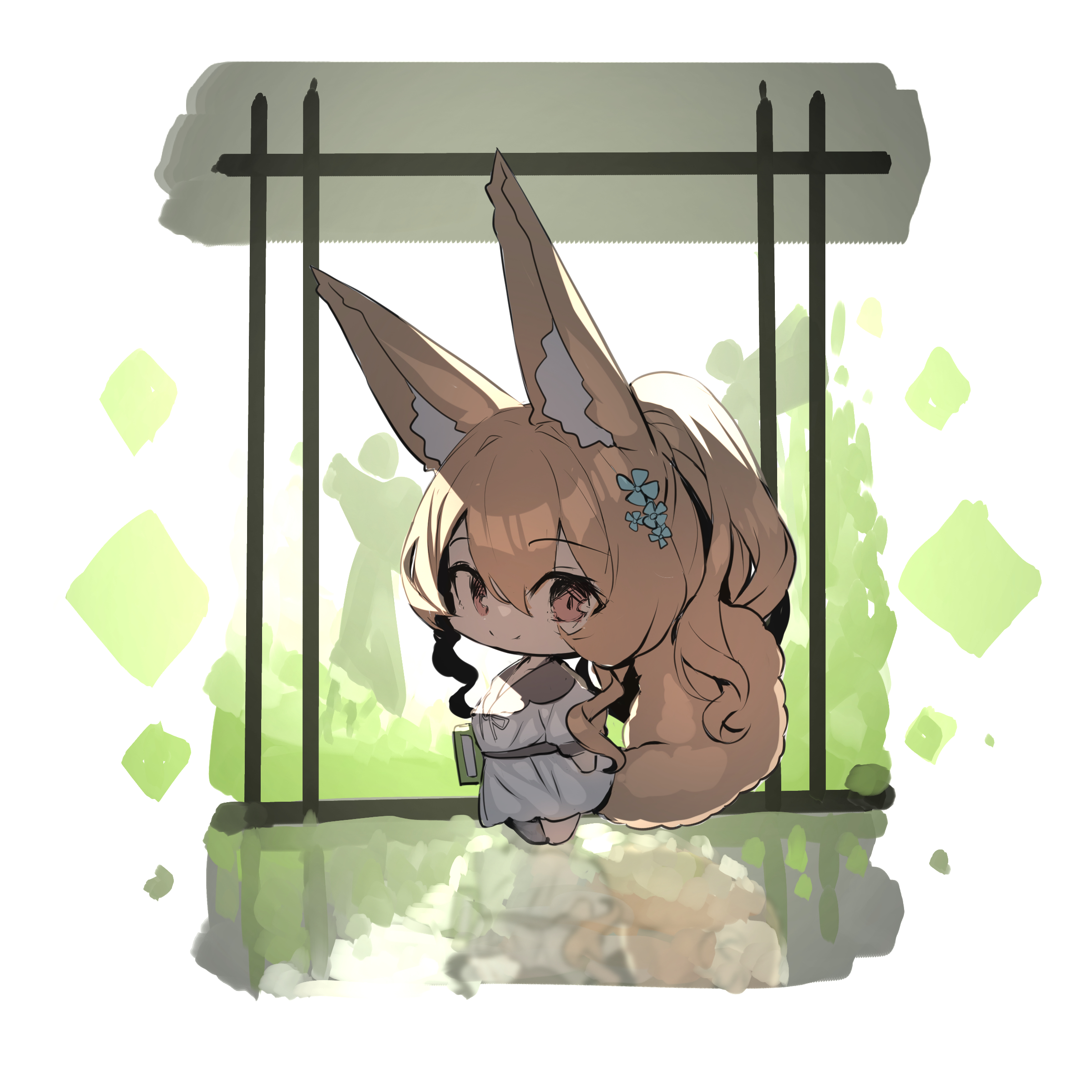 yuuji (yukimimi), original, absurdres, commentary request, highres, 1girl, animal ears, barefoot, brown eyes, brown hair, chibi, closed mouth, collared dress, dress, fox ears, fox girl, fox tail, full body, hair between eyes, looking at viewer, looking to the side, ponytail, reflection, smile, solo, standing, tail, white dress