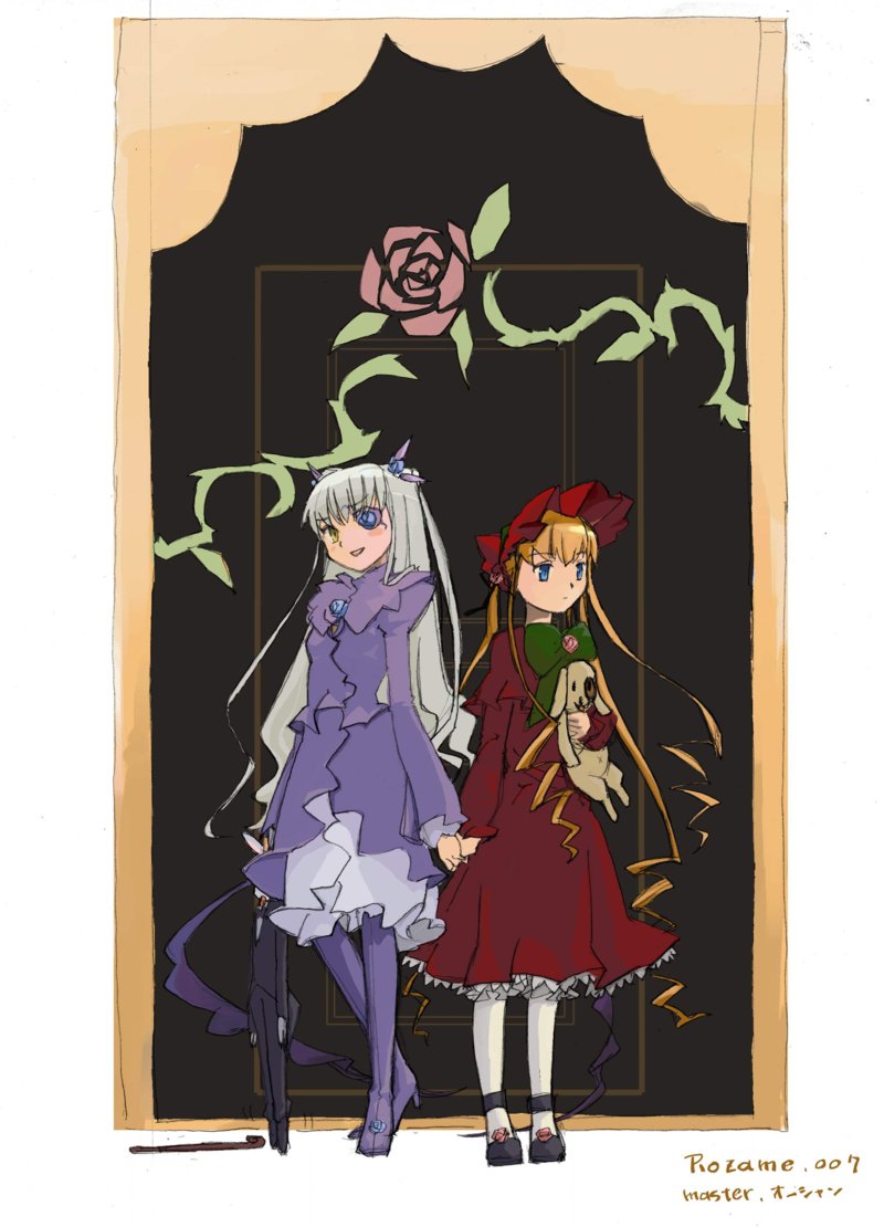 pinzu, barasuishou, shinku, rozen maiden, white legwear, 00s, 2girls, blonde hair, bonnet, dress, flower eyepatch, frilled sleeves, frills, full body, hairband, lolita hairband, long sleeves, multiple girls, pantyhose, purple dress, red dress, standing