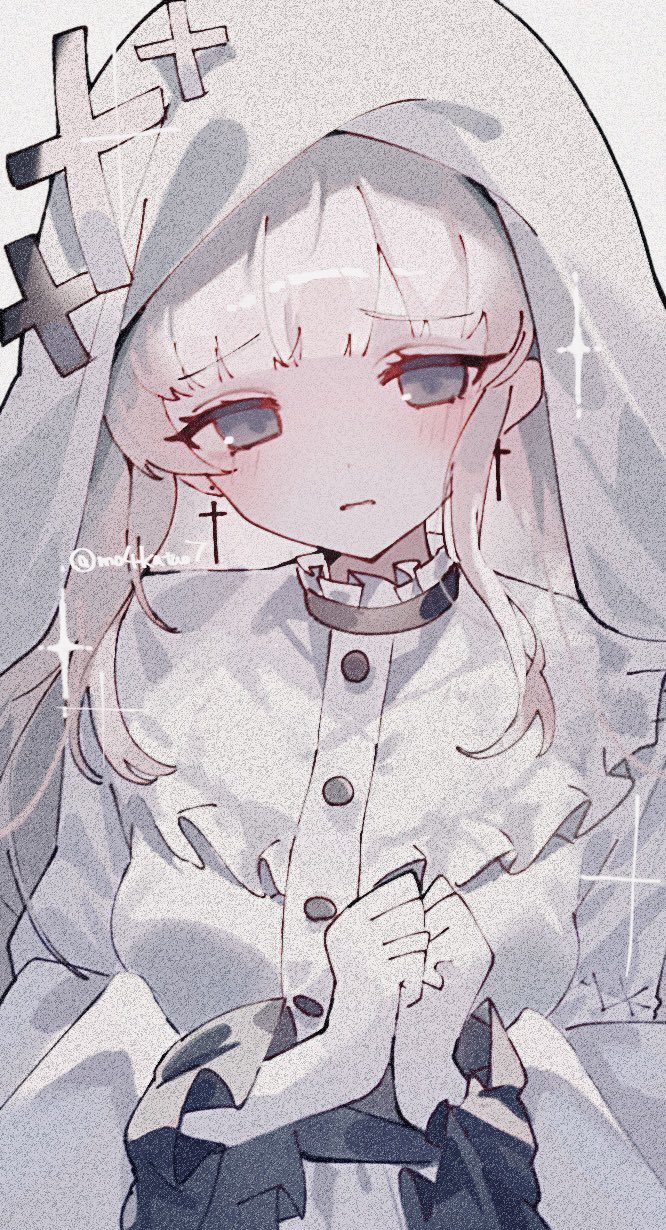 simple ice, hikami meruru, mahou shoujo no majo saiban, commentary request, highres, 1girl, blunt bangs, blush, cross, cross earrings, dress, earrings, film grain, frilled dress, frilled sleeves, frills, grey eyes, hands up, jewelry, long hair, long sleeves, magical girl, own hands together, solo, sparkle, upper body, veil, white background, white dress, white hair, white veil