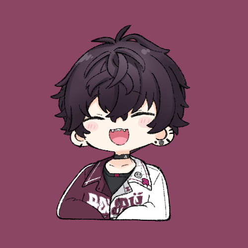 nozo (hitomiz), saiki ittetsu, nijisanji, commentary, lowres, 1boy, :d, ^ ^, black hair, black shirt, closed eyes, collarbone, cropped torso, facing viewer, fangs, jacket, long sleeves, male focus, open mouth, purple background, purple jacket, shirt, simple background, smile, solo, undershirt, upper body, virtual youtuber, white jacket