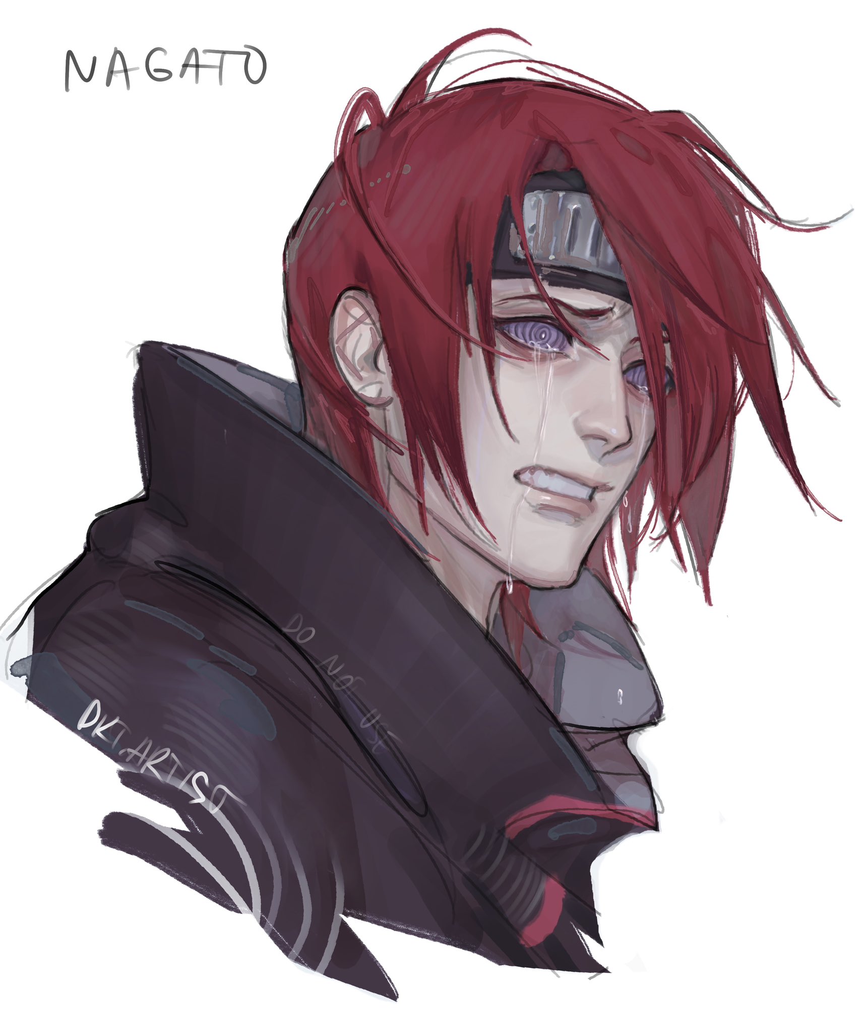 artistdkt, nagato (naruto), naruto (series), naruto shippuuden, highres, 1boy, akatsuki uniform, amegakure symbol, artist name, character name, closed mouth, crying, crying with eyes open, forehead protector, high collar, lips, male focus, medium hair, nose, purple eyes, red hair, rinnegan, simple background, solo, tears, teeth, upper body, white background
