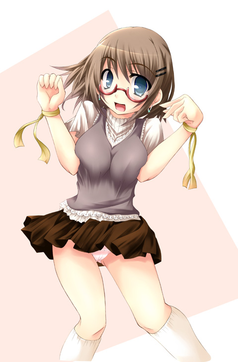 tekehiro, 1girl, bad anatomy, breasts, breasts squeezed together, female focus, glasses, hair ornament, hairclip, large breasts, miniskirt, panties, pantyshot, poorly drawn, skirt, solo, underwear, upskirt