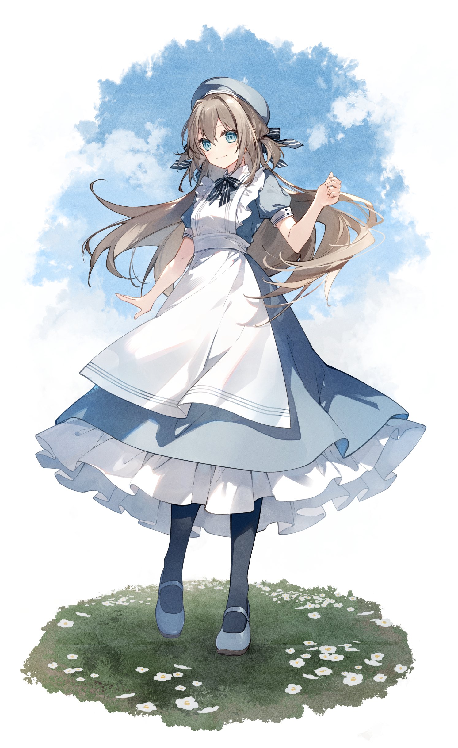 mochizuki shiina, original, absurdres, commentary request, highres, 1girl, apron, beret, black bow, black pantyhose, blue dress, blue eyes, blue hat, blue shoes, blue sky, bow, brown hair, closed mouth, cloud, collared dress, day, dress, flower, frilled apron, frilled dress, frills, full body, grass, hand up, hat, long hair, looking at viewer, maid apron, pantyhose, puffy short sleeves, puffy sleeves, shoes, short sleeves, sky, smile, solo, striped bow, very long hair, white apron, white flower