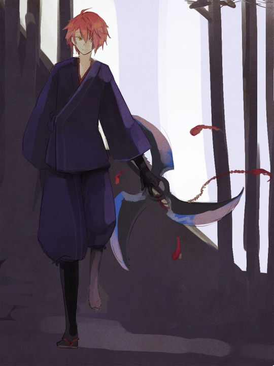 wane (ruki), fuuma shuriken, ninja (ragnarok online), ragnarok online, commentary request, 1boy, ahoge, black socks, closed mouth, hair over one eye, holding, holding shuriken, holding weapon, japanese clothes, looking at viewer, male focus, ninja, pants, pink eyes, pink hair, purple pants, purple shirt, shirt, short hair, shuriken, smile, socks, solo, standing, weapon