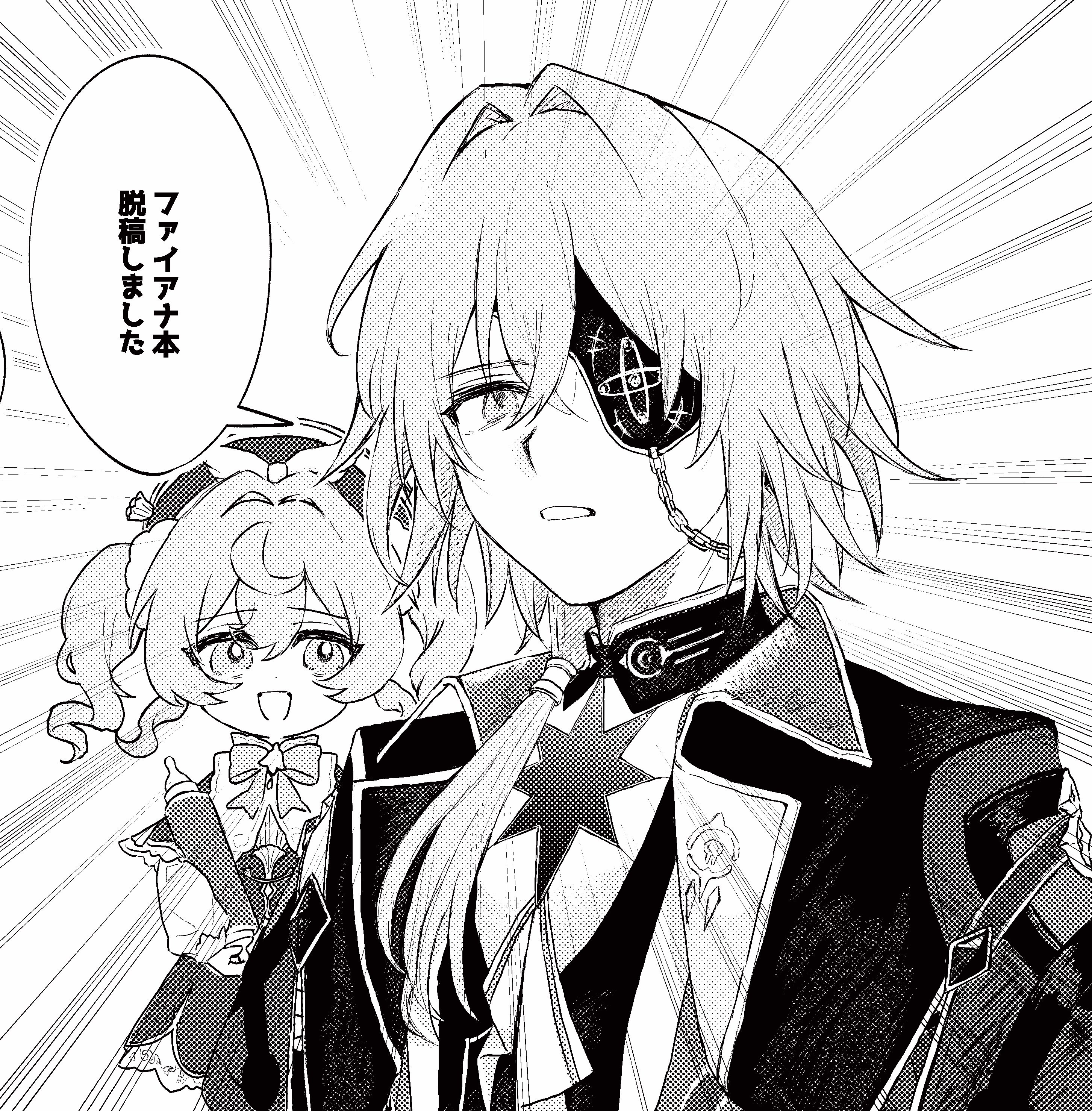 anaxa (honkai: star rail), hyacine (honkai: star rail), honkai: star rail, honkai (series), absurdres, highres, translation request, 1boy, 1girl, ascot, beret, black jacket, chain, dress, eyepatch, greyscale, hair between eyes, hair intakes, hat, jacket, lapels, looking at another, mandarin collar, medium hair, monochrome, nemu1 0000, notched lapels, one eye covered, open mouth, shirt, side ponytail, smile, speech bubble, twintails, upper body, white ascot, white shirt