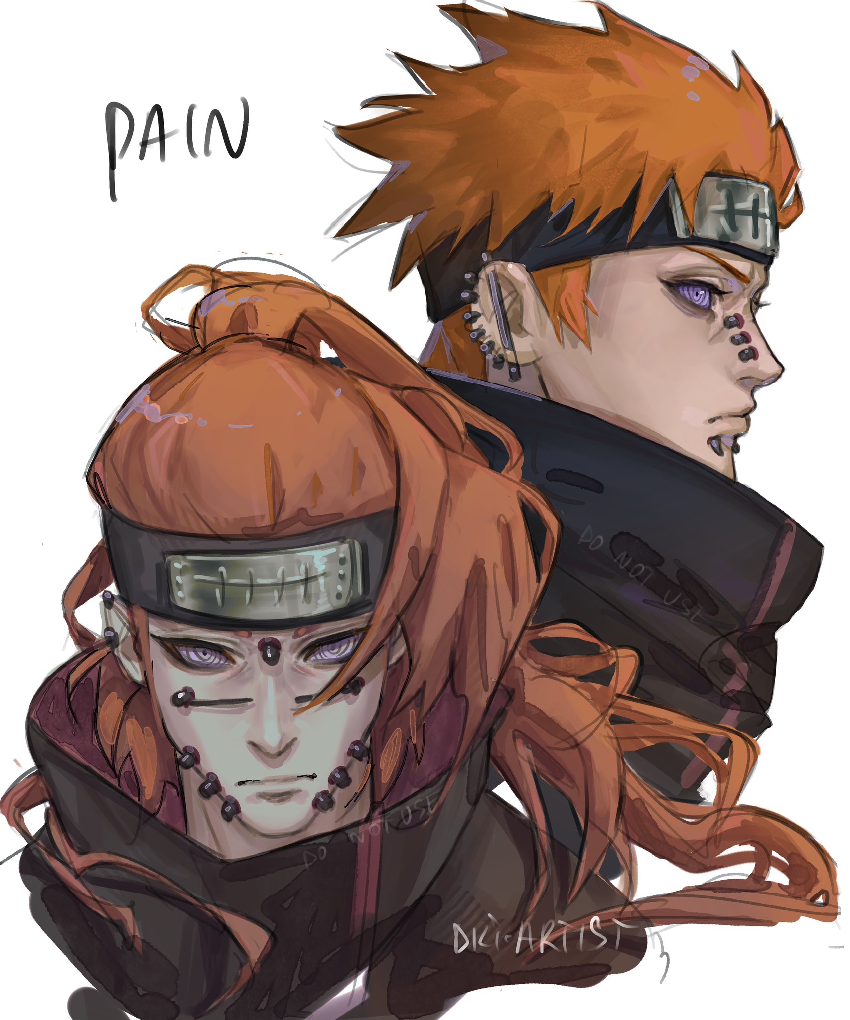 artistdkt, pain (naruto), naruto (series), naruto shippuuden, highres, 1boy, akatsuki uniform, amegakure symbol, artist name, character name, cheek piercing, ear piercing, face piercing, forehead protector, lip piercing, lips, long hair, male focus, multiple piercings, multiple views, nose, nose piercing, orange hair, piercing, purple eyes, ringed eyes, rinnegan, short hair, too many piercings