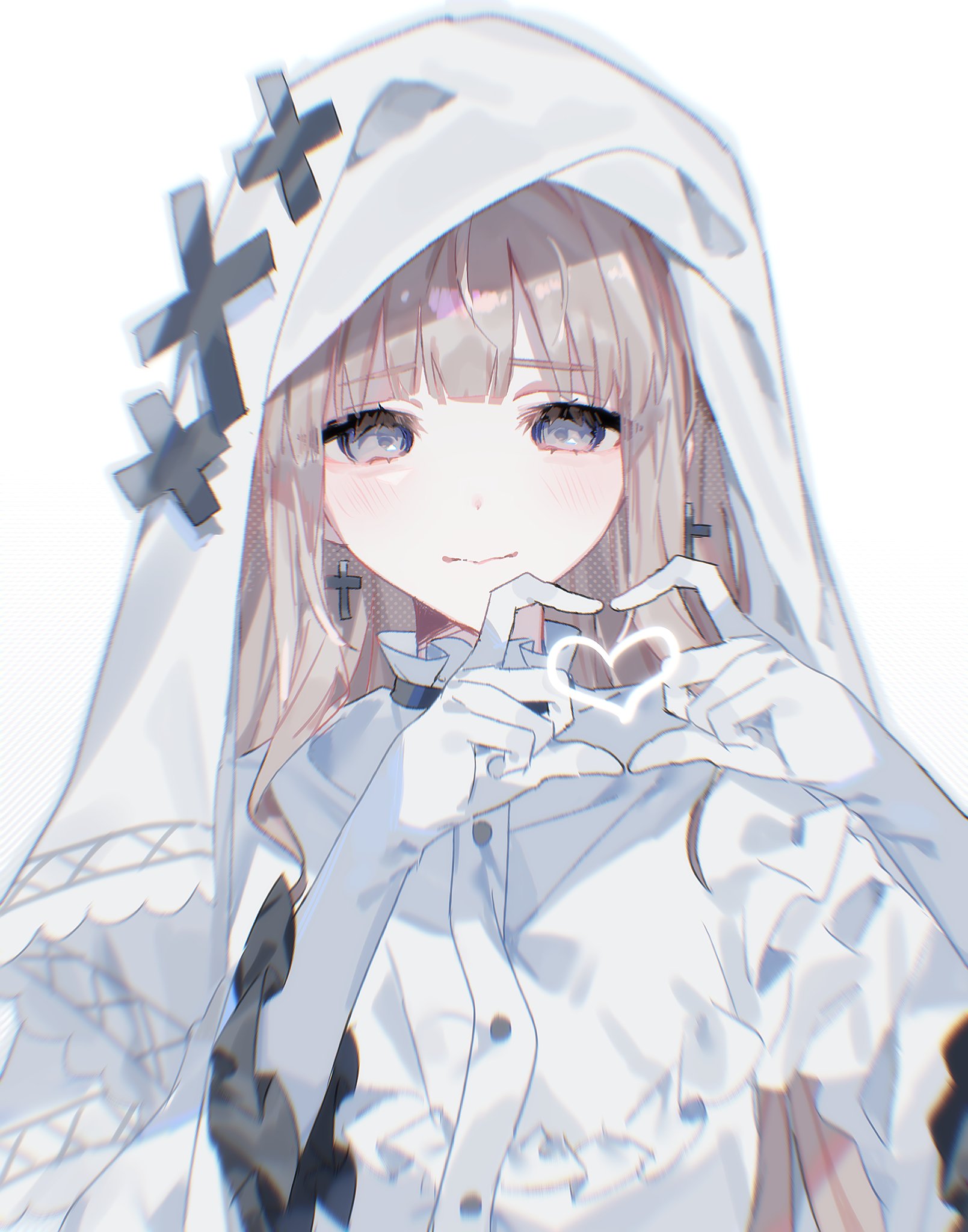 hikami meruru, mahou shoujo no majo saiban, highres, 1girl, blunt bangs, brown hair, closed mouth, cross, cross earrings, dress, earrings, frilled dress, frilled sleeves, frills, gloves, hands up, heart, heart hands, heart in heart hands, jewelry, long hair, long sleeves, looking at viewer, magical girl, me (0qlmy), purple eyes, simple background, smile, solo, upper body, veil, white background, white dress, white gloves, white veil