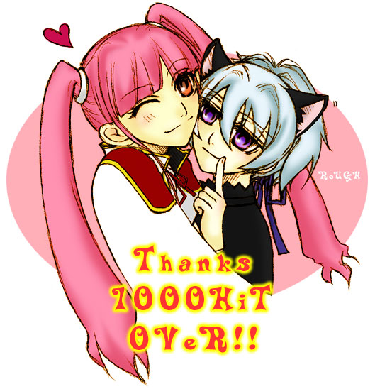 kayanuma kiko, yin (darker than black), darker than black, 00s, 2girls, animal ears, brown eyes, cat ears, cat girl, female focus, grey hair, hair ribbon, heart, multiple girls, pink hair, purple eyes, ribbon, text focus, twintails