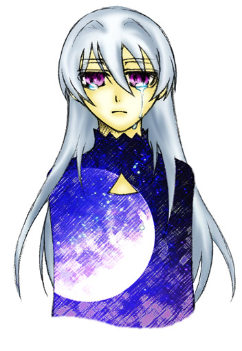 yin (darker than black), darker than black, silver hair, tagme, 00s, hair down, long hair, moon, purple eyes, tears