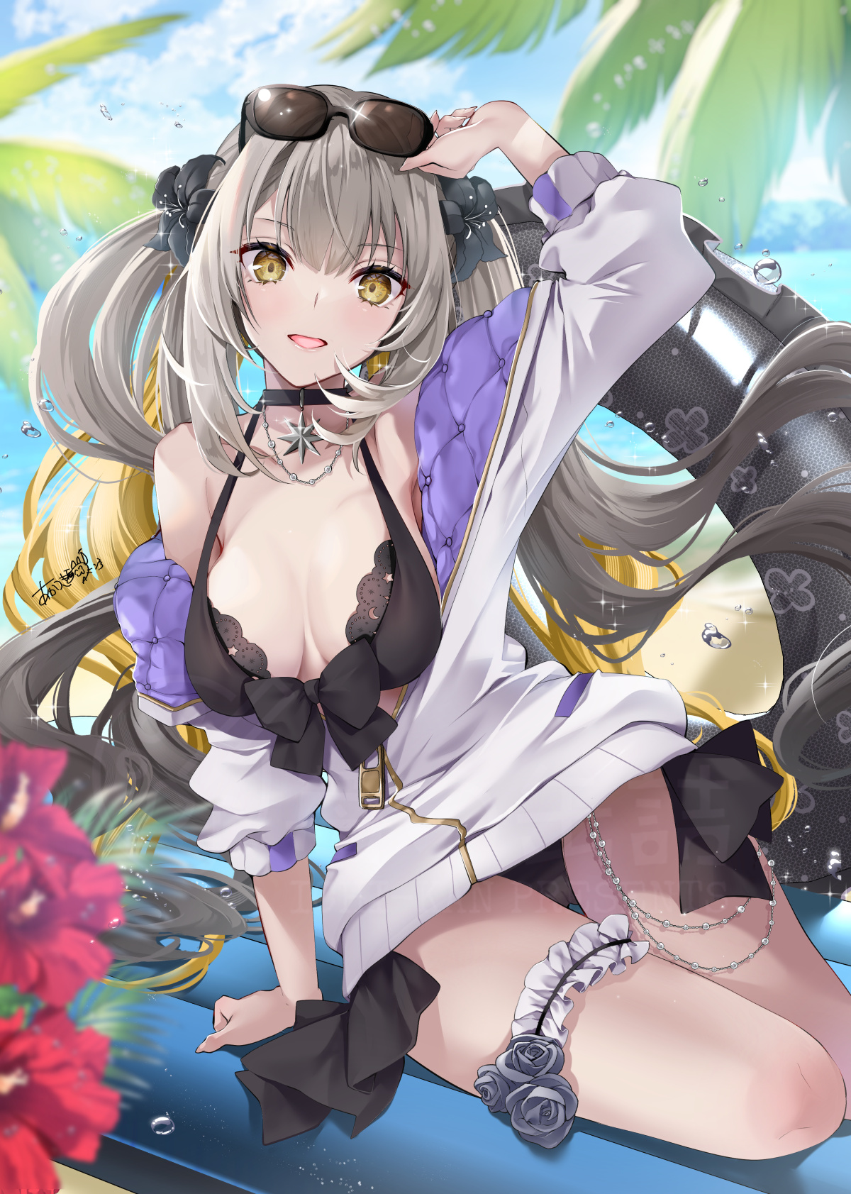 akatsuki hijiri, marie antoinette (fate), marie antoinette alter (fate), fate/grand order, fate (series), highres, 1girl, bare shoulders, bikini, black bikini, blonde hair, blush, breasts, choker, cleavage, colored inner hair, eyewear on head, gradient hair, grey hair, innertube, jacket, long hair, long sleeves, looking at viewer, medium breasts, multicolored hair, open mouth, sidelocks, smile, solo, sunglasses, swim ring, swimsuit, thighs, twintails, white jacket, yellow eyes