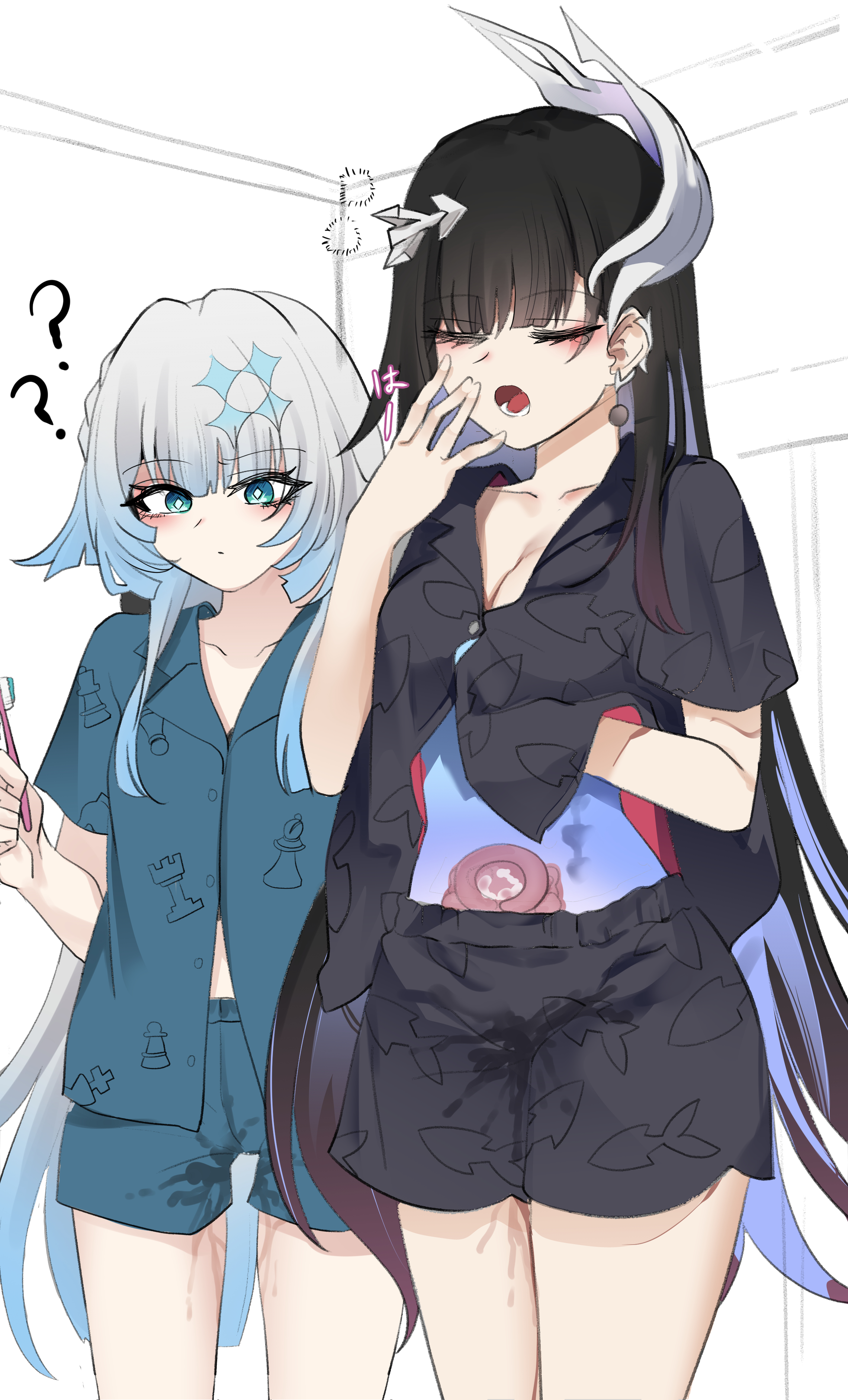 patpang, cerydra (honkai: star rail), hysilens (honkai: star rail), honkai: star rail, honkai (series), absurdres, commentary, commentary request, english commentary, highres, mixed-language commentary, 2girls, ?, ??, aftersex, black hair, black shirt, black shorts, blue eyes, blue hair, blue shirt, blue shorts, breasts, cleavage, colored inner hair, cum, ejaculation, hair ornament, holding, holding toothbrush, indoors, internal cumshot, large breasts, multicolored hair, multiple girls, pussy juice, shirt, shorts, sleepwear, small breasts, thighs, toothbrush, two-tone hair, uterus, wet, wet shorts, yawning