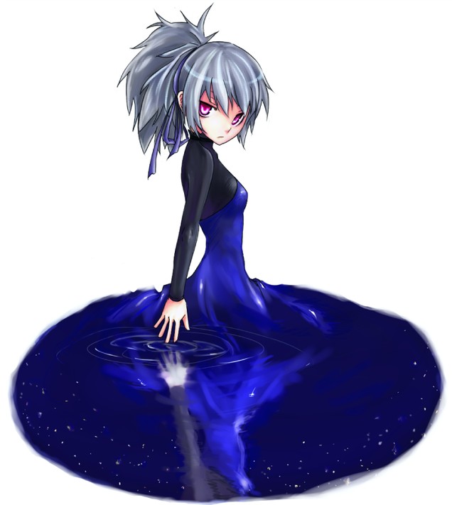 yin (darker than black), darker than black, silver hair, 00s, 1girl, blue bodysuit, bodysuit, expressionless, female focus, looking at viewer, pink eyes, ponytail, shaded face, simple background, skin tight, solo, water, wet, wet clothes, white background