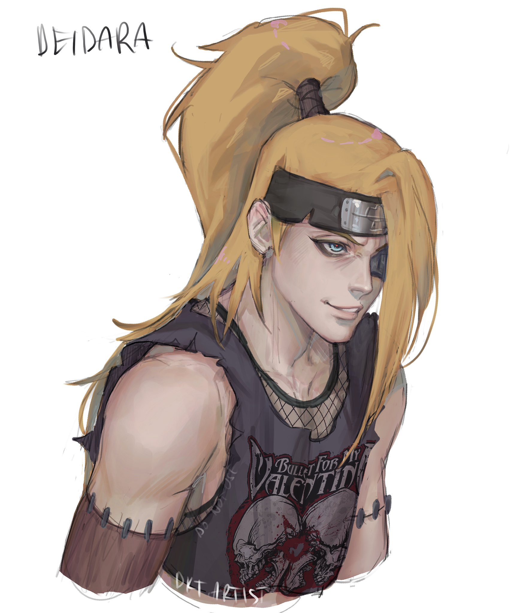 artistdkt, deidara (naruto), bullet for my valentine, naruto (series), naruto shippuuden, highres, 1boy, alternate costume, artist name, blonde hair, blue eyes, character name, fishnets, high ponytail, lips, long hair, male focus, nose, ponytail, scar, scar on arm, shirt, solo, stapled, torn clothes, torn shirt, upper body
