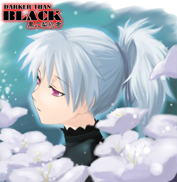 zanzi, yin (darker than black), darker than black, silver hair, 00s, 1girl, black ribbon, blurry, copyright name, depth of field, expressionless, female focus, flower, from side, hair ribbon, head tilt, light particles, parted lips, pink eyes, plant, ponytail, portrait, ribbon, short hair, solo, tsurime, upper body