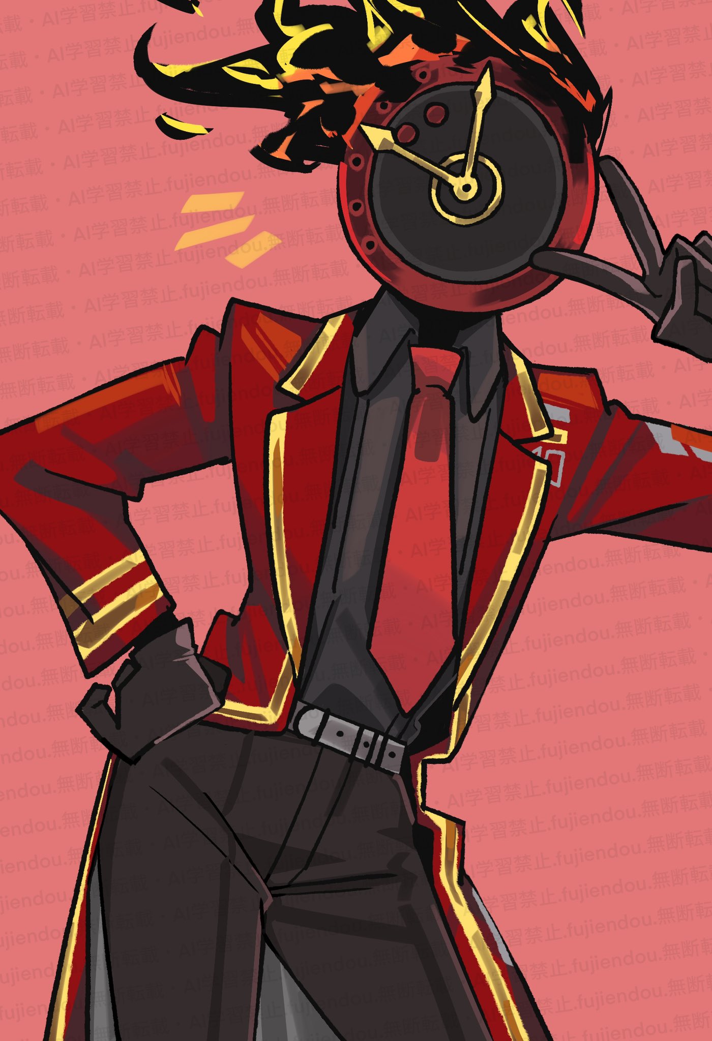 fujiendou, dante (limbus company), limbus company, project moon, highres, 1other, black gloves, black pants, black shirt, clock, coat, collared shirt, fire, flaming head, gloves, hand on own hip, long sleeves, looking at viewer, necktie, object head, pants, pink background, red coat, red necktie, shirt, simple background, solo, standing, upper body, v