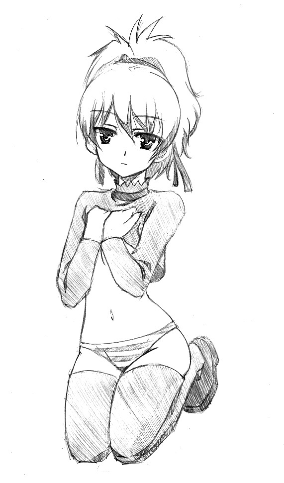 yin (darker than black), darker than black, 00s, long hair, monochrome, navel, panties, ponytail, sketch, striped clothes, striped panties, thighhighs, underwear