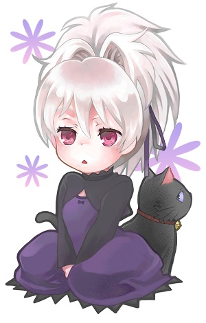 mao (darker than black), yin (darker than black), darker than black, lowres, 00s, 1girl, black cat, cat, collar, dress, female focus, full body, grey hair, hair ribbon, kneeling, long sleeves, maroon eyes, ponytail, purple dress, purple eyes, ribbon, simple background, white background