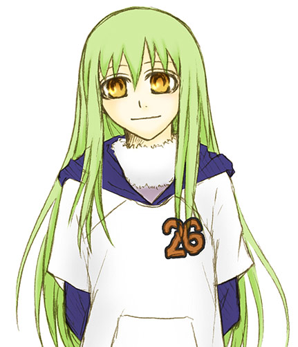 amber (darker than black), darker than black, 00s, 1girl, female focus, green hair, orange eyes, simple background, solo, white background