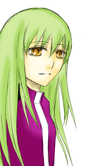 amber (darker than black), darker than black, 00s, 1girl, female focus, green hair, orange eyes, simple background, solo