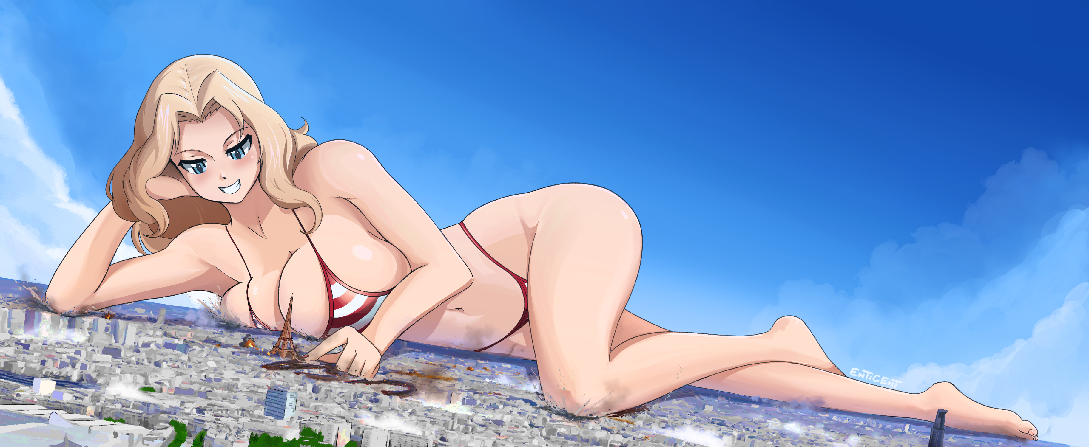 kay (girls und panzer), girls und panzer, highres, 1girl, american flag bikini, american flag print, arm support, armpits, bikini, blonde hair, blue eyes, breast press, breasts, closed mouth, flag print, flag print bikini, giant, giantess, grin, half-closed eyes, large breasts, long hair, lying, navel, on side, print bikini, smile, swimsuit, teeth, thighs, thong bikini