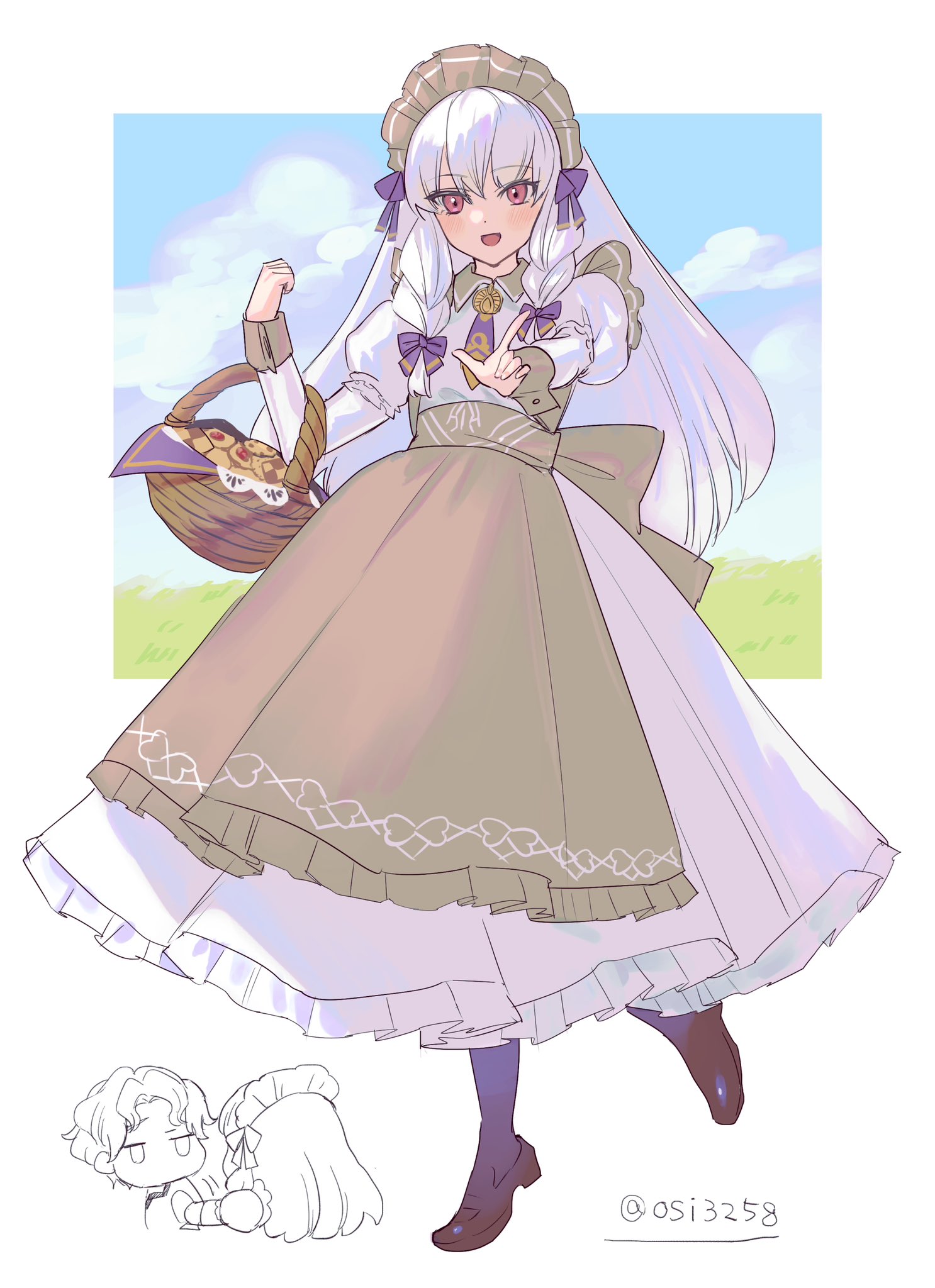 ushiomi, cyril (fire emblem), lysithea von ordelia, lysithea von ordelia (tea party), fire emblem, fire emblem: three houses, fire emblem heroes, nintendo, highres, 1boy, 1girl, :d, apron, basket, full body, holding, holding basket, leg up, looking at viewer, maid, maid apron, maid headdress, official alternate costume, open mouth, pink eyes, pointing, pointing at viewer, simple background, smile, solo focus, white hair