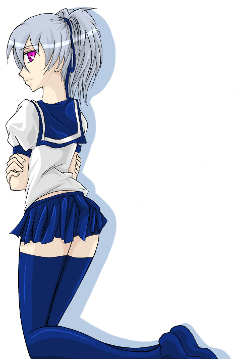 yin (darker than black), darker than black, 00s, 1girl, female focus, grey hair, kneeling, school uniform, serafuku, skirt, solo, thighhighs