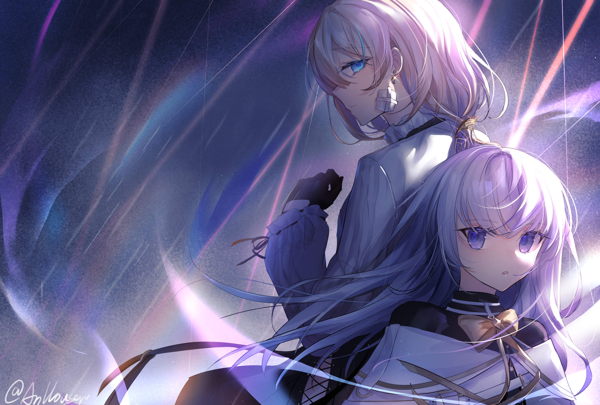 anllouser, insight (designant) (arcaea), arcaea, highres, 2girls, :o, angel wings, bandage on face, bandages, bandaid, bandaid on face, belt, black belt, black gloves, black ribbon, black shirt, black skirt, blonde hair, blue eyes, blue hair, blue skirt, bow, breasts, chain, collared shirt, compassion (arcaea), cross, detached wings, earrings, english text, feathers, gloves, hair between eyes, height difference, insight (arcaea), jacket, jewelry, long sleeves, medium breasts, multicolored hair, multiple girls, necktie, pantyhose, parted lips, red necktie, ribbon, shirt, short hair, skirt, streaked hair, upper body, white hair, white jacket, white shirt, white wings, wings, yellow bow, yellow ribbon