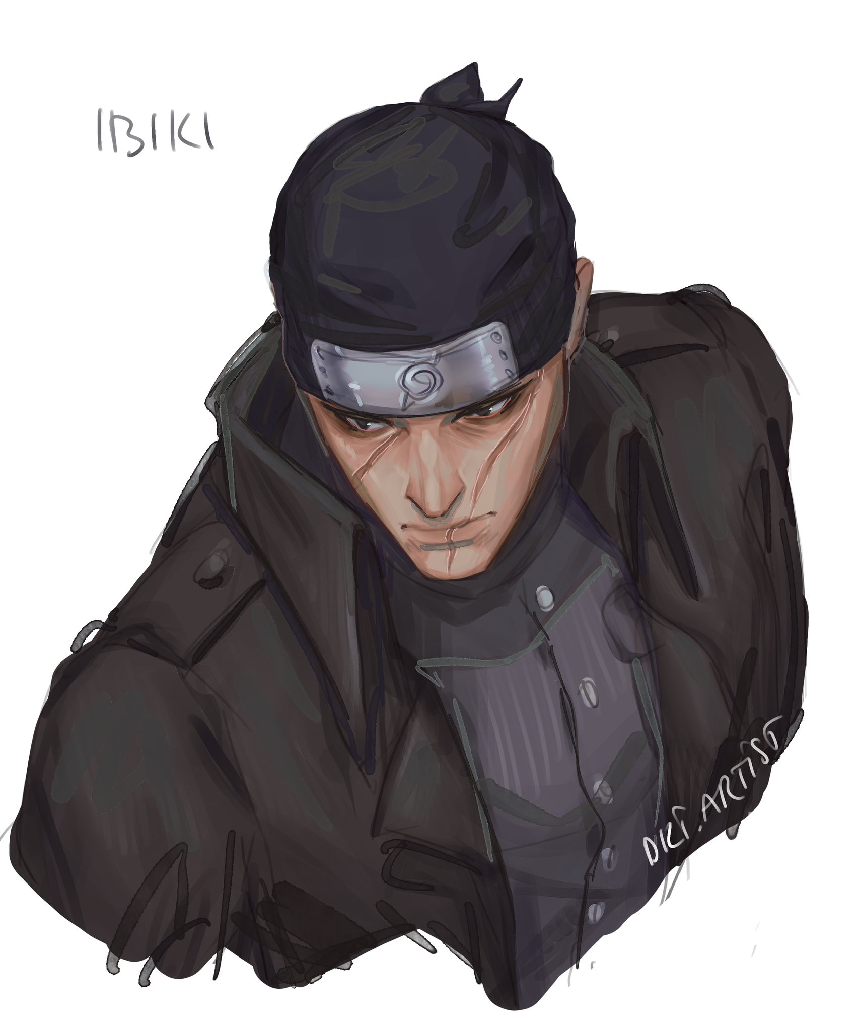 artistdkt, morino ibiki, naruto (series), highres, 1boy, artist name, buttons, character name, facial scar, forehead protector, from above, high collar, konohagakure symbol, male focus, mature male, scar, scar on cheek, scar on face, scar on mouth, simple background, solo, white background