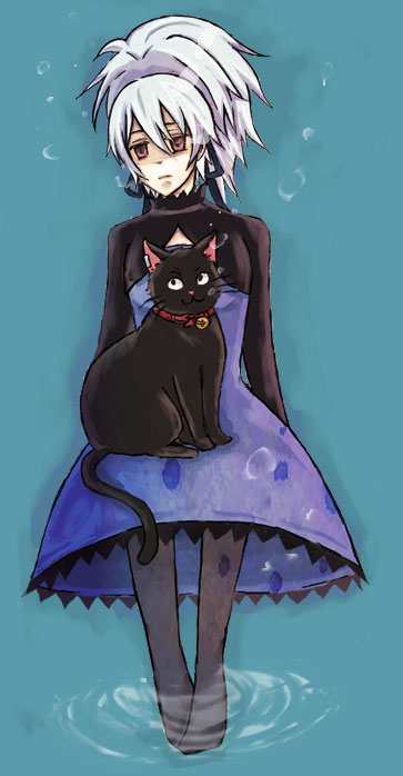 mao (darker than black), yin (darker than black), darker than black, 00s, 1girl, animal, black cat, blue background, cat, collar, dress, female focus, grey hair, hair ribbon, long sleeves, ponytail, purple dress, ribbon, ripples, simple background, sitting, water