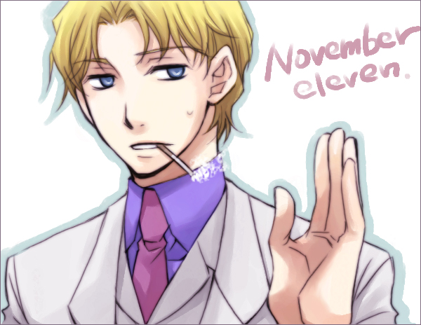 november 11 (darker than black), darker than black, bad source, 00s, 1boy, blonde hair, blue eyes, character name, cigarette, dress shirt, formal clothes, male focus, necktie, pink necktie, purple shirt, shirt, smoking, solo, suit, waving, white suit