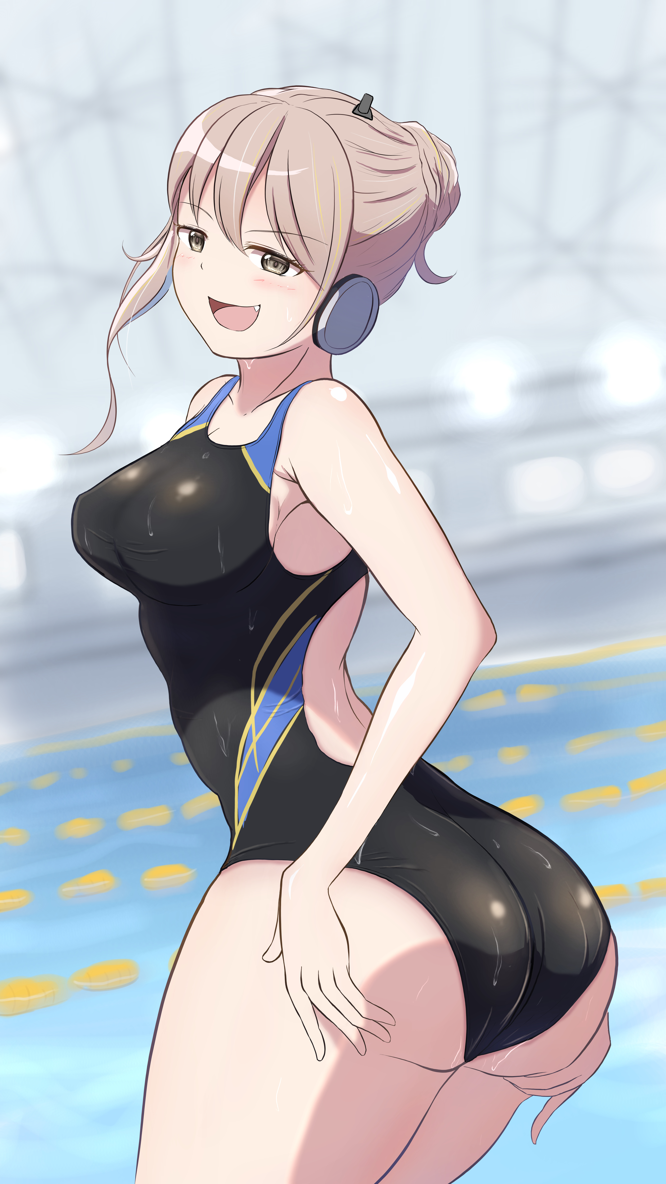 station memories, 1girl, brown hair, competition swimsuit, one-piece swimsuit, pool, swimsuit, takehara setora