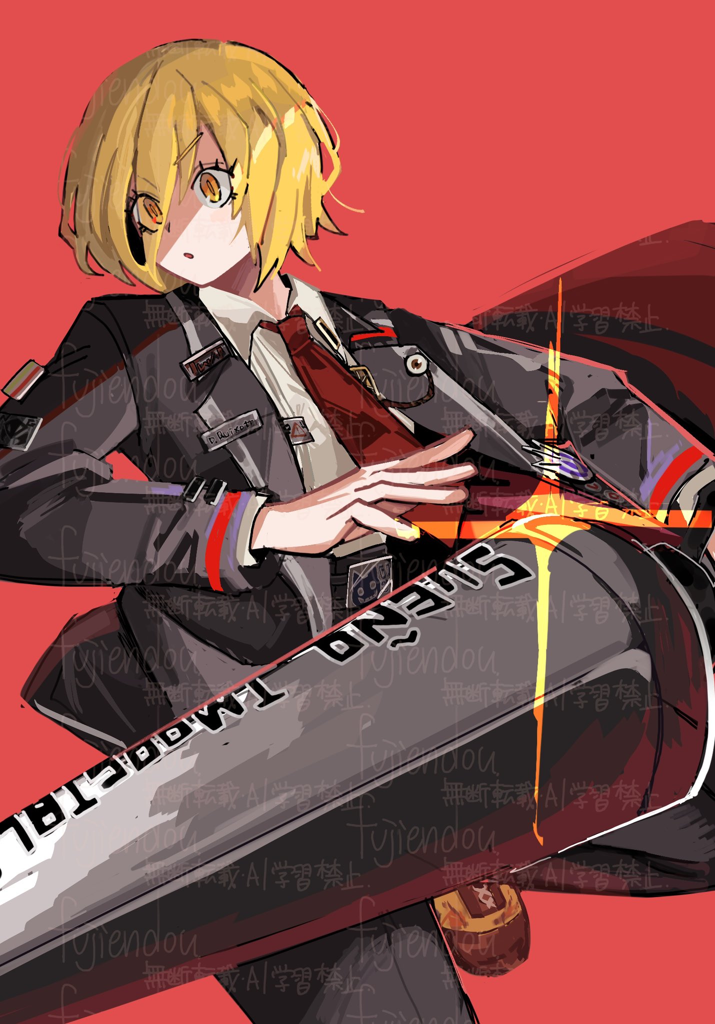 fujiendou, don quixote (project moon), limbus company, project moon, highres, 1girl, :o, black coat, black pants, blonde hair, coat, collared shirt, holding, holding polearm, holding weapon, long sleeves, looking to the side, necktie, open mouth, pants, polearm, red background, red necktie, shirt, short hair, simple background, solo, standing, upper body, weapon, white shirt, yellow eyes