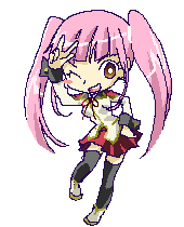 kayanuma kiko, darker than black, lowres, 00s, 1girl, brown eyes, chibi, female focus, full body, one eye closed, pink hair, red skirt, simple background, skirt, smile, solo, thighhighs, twintails, v, white background, wink