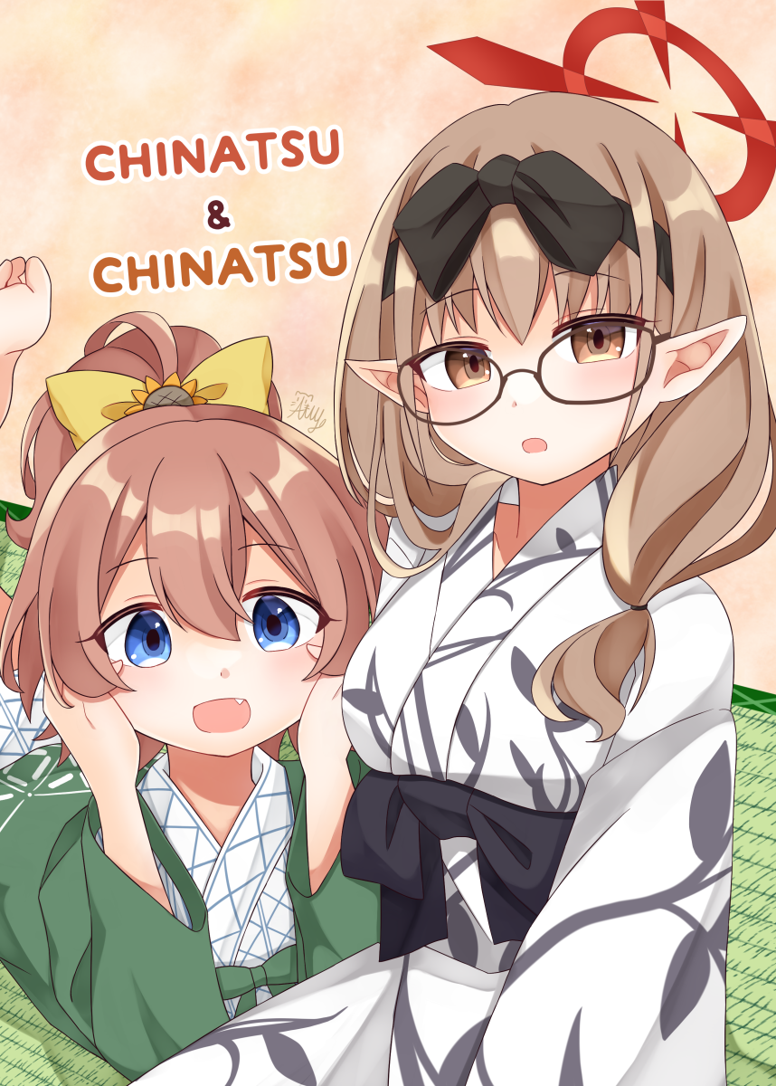 u amy1207, chinatsu (blue archive), hinata chinatsu, blue archive, ongeki, commentary request, highres, 2girls, :d, ahoge, blue eyes, blush, bow, brown eyes, brown hair, fang, glasses, hair between eyes, hair bow, japanese clothes, kimono, long hair, looking at viewer, multiple girls, open mouth, pointy ears, ponytail, smile