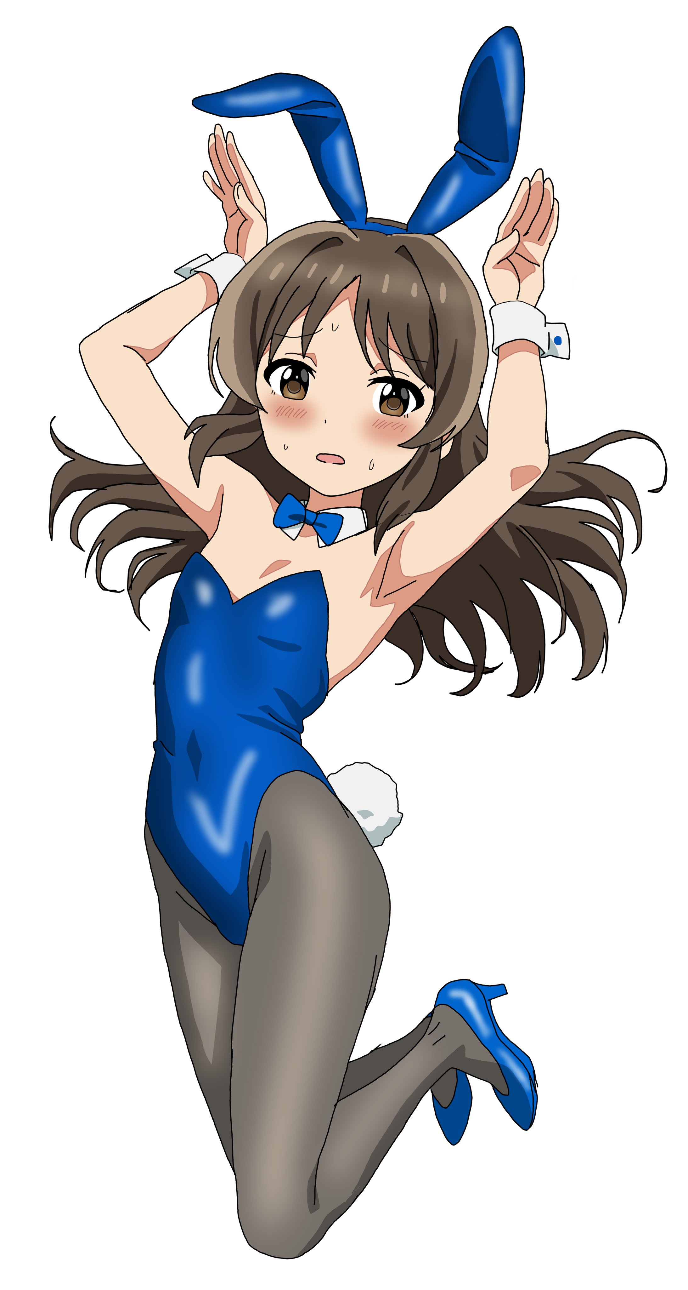 riokasen, tachibana arisu, idolmaster, idolmaster cinderella girls, absurdres, highres, 1girl, animal ear hairband, animal ears, armpits, arms up, black pantyhose, blue leotard, blue shoes, blush, brown eyes, brown hair, fake animal ears, fake tail, flat chest, floating, floating hair, full body, hairband, high heels, leotard, long hair, looking at viewer, pantyhose, playboy bunny, rabbit ear hairband, rabbit ears, rabbit pose, rabbit tail, shoes, simple background, solo, strapless, strapless leotard, sweat, tail, white background, white wrist cuffs, wrist cuffs