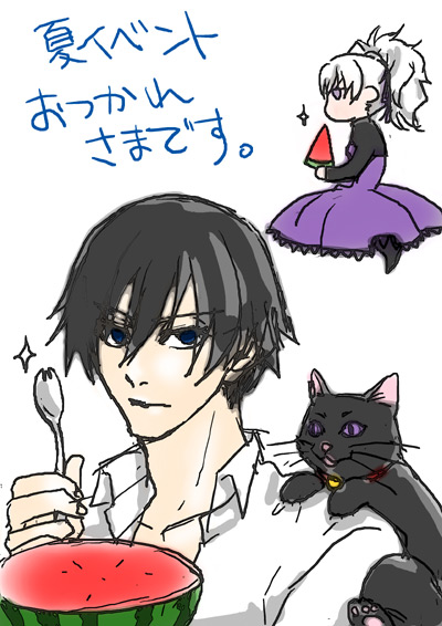 hei (darker than black), mao (darker than black), yin (darker than black), darker than black, 00s, 1boy, 1girl, animal, black cat, black eyes, black hair, cat, collar, dress, eating, food, fruit, grey hair, hair ribbon, long sleeves, ponytail, purple dress, purple eyes, ribbon, shirt, shoulder perch, spork, watermelon, white background, white shirt