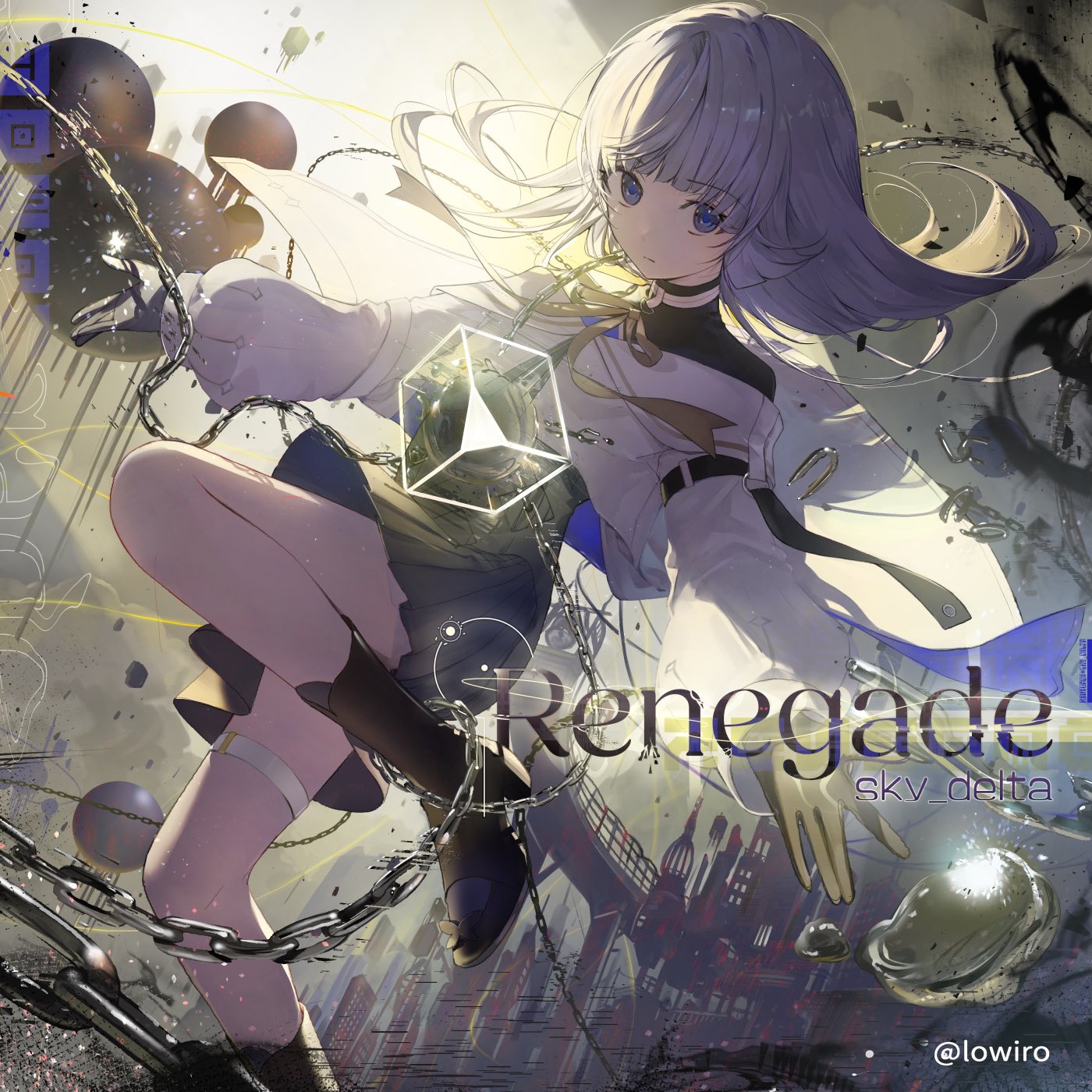 kamatoyu, insight (designant) (arcaea), arcaea, highres, 1girl, backlighting, black boots, black gloves, black pantyhose, boots, bow, chain, earrings, english text, expressionless, floating clothes, floating hair, full body, gloves, hair between eyes, insight (arcaea), jewelry, long sleeves, pantyhose, purple eyes, ribbon, shirt, solo, white hair, white shirt, yellow bow, yellow ribbon