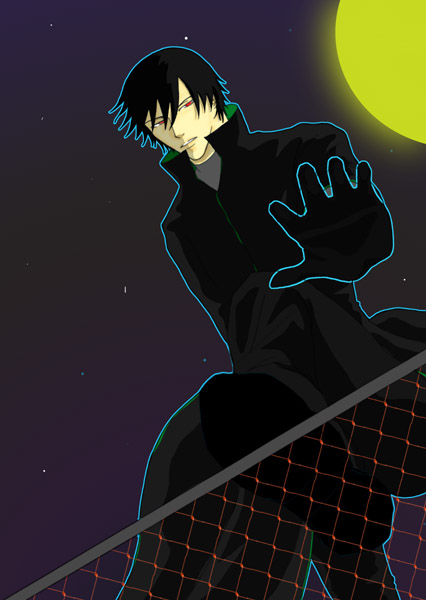 hei (darker than black), darker than black, 00s, 1boy, black gloves, black hair, black jacket, chain-link fence, fence, gloves, jacket, male focus, moon, night, night sky, red eyes, sky, solo, star (symbol)
