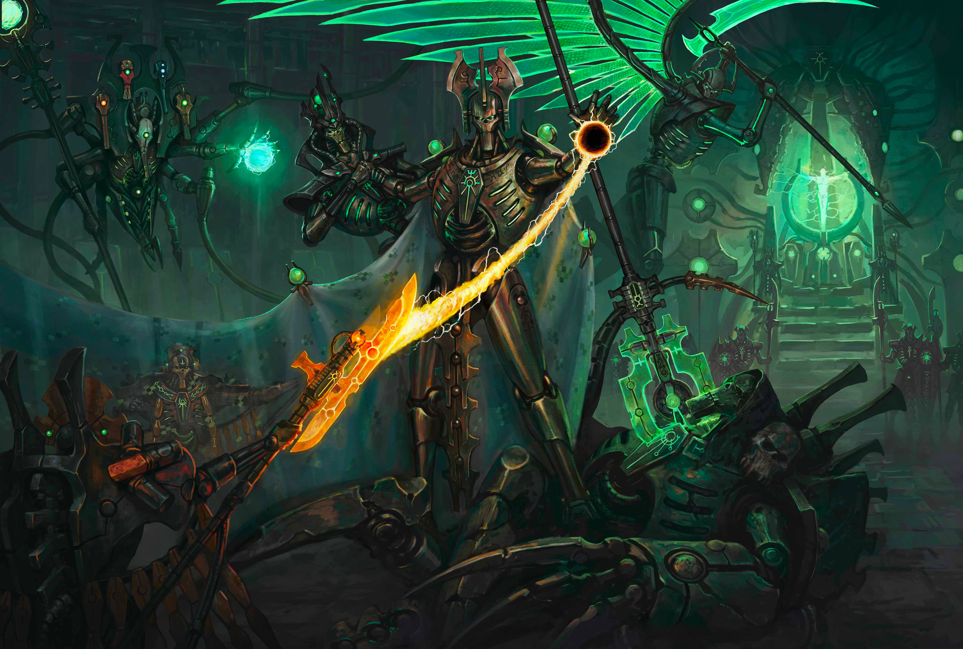 kheljay, necron, warhammer 40k, absurdres, highres, 6+others, casting spell, energy, energy ball, energy weapon, energy wings, holding, holding polearm, holding scythe, holding weapon, humanoid robot, implied after fight, indoors, looking at viewer, magic, multiple others, non-humanoid robot, polearm, robot, scythe, weapon