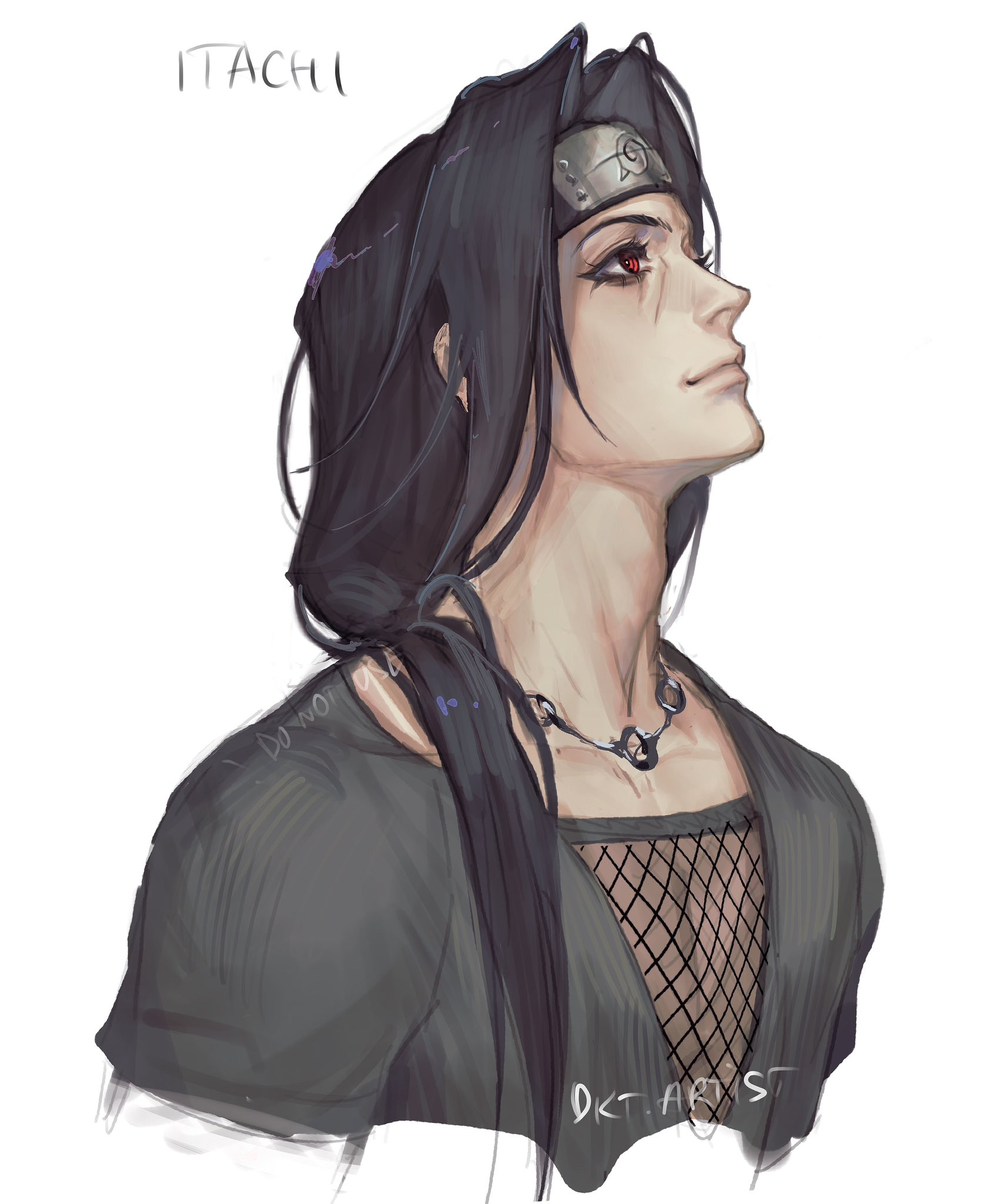 artistdkt, uchiha itachi, naruto (series), highres, 1boy, adam's apple, artist name, black hair, character name, closed mouth, collarbone, eyelashes, fishnets, jewelry, lips, long hair, looking up, male focus, necklace, nose, red eyes, simple background, solo, upper body, white background