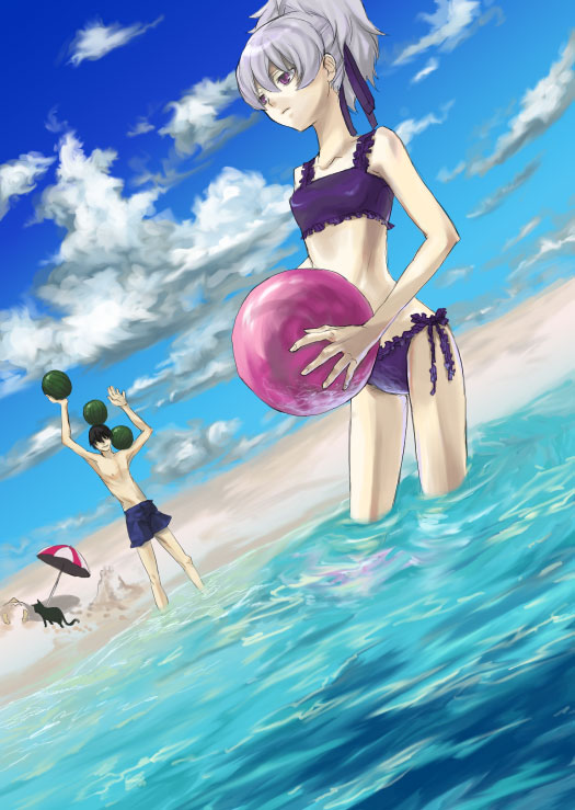 hei (darker than black), mao (darker than black), yin (darker than black), darker than black, artist request, bad id, 00s, 1boy, 1girl, beach, bikini, black cat, black hair, blue male swimwear, blue sky, blue swim trunks, cat, cloud, food, fruit, grey hair, male swimwear, ocean, outdoors, sky, swim trunks, swimsuit, topless female, umbrella, watermelon
