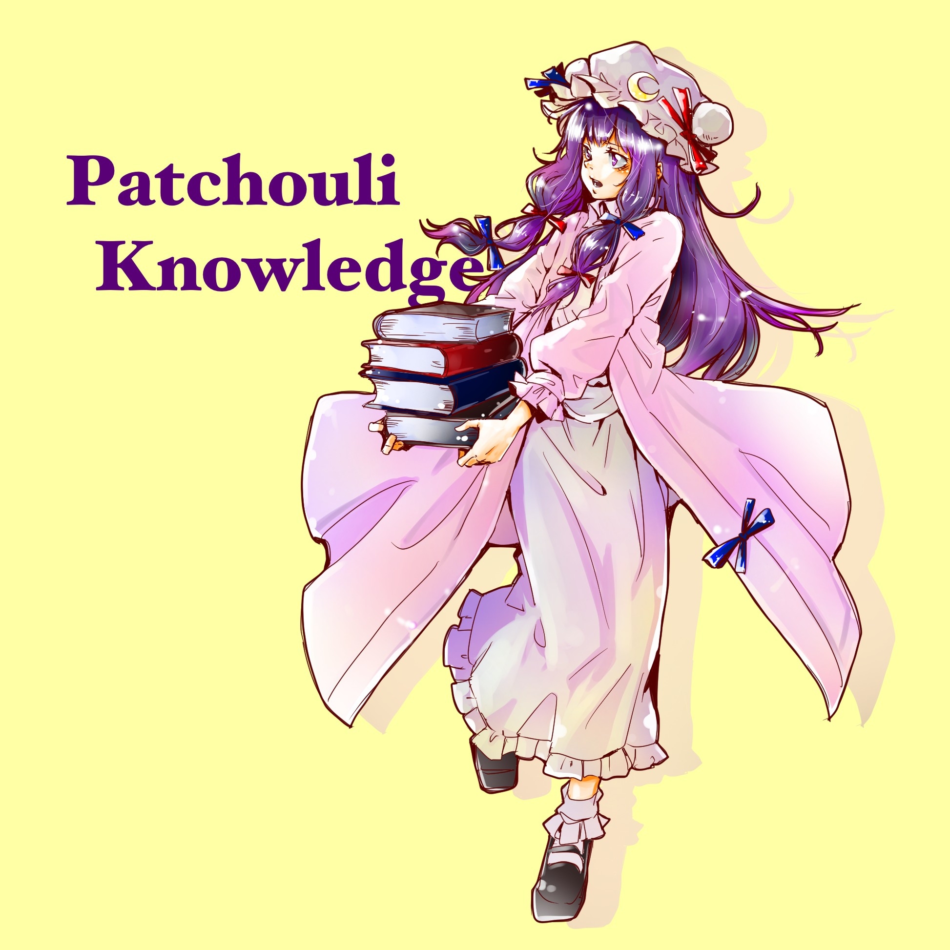 patchouli knowledge, touhou, highres, 1girl, black shoes, blue bow, blunt bangs, book, bow, character name, crescent, crescent hat ornament, dress, frilled dress, frilled hat, frills, full body, hat, hat ornament, holding, holding book, long sleeves, mob cap, puffy long sleeves, puffy sleeves, purple dress, purple eyes, purple hair, red bow, shoes, solo, yellow background, yuya (euky8335)