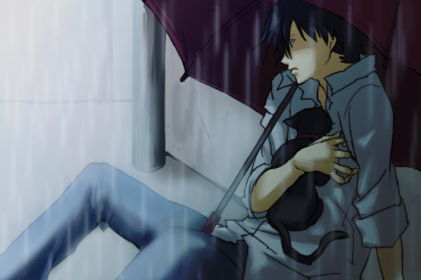 hei (darker than black), mao (darker than black), darker than black, 00s, 1boy, animal, black cat, black hair, carrying, cat, denim, holding, jeans, male focus, pants, rain, shirt, sitting, solo, umbrella, white shirt