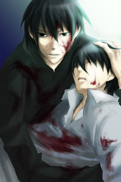 hei (darker than black), darker than black, 00s, 2boys, black eyes, black hair, black jacket, blood, closed eyes, dual persona, injury, jacket, looking at viewer, male focus, multiple boys, multiple persona, shirt, time paradox, white shirt