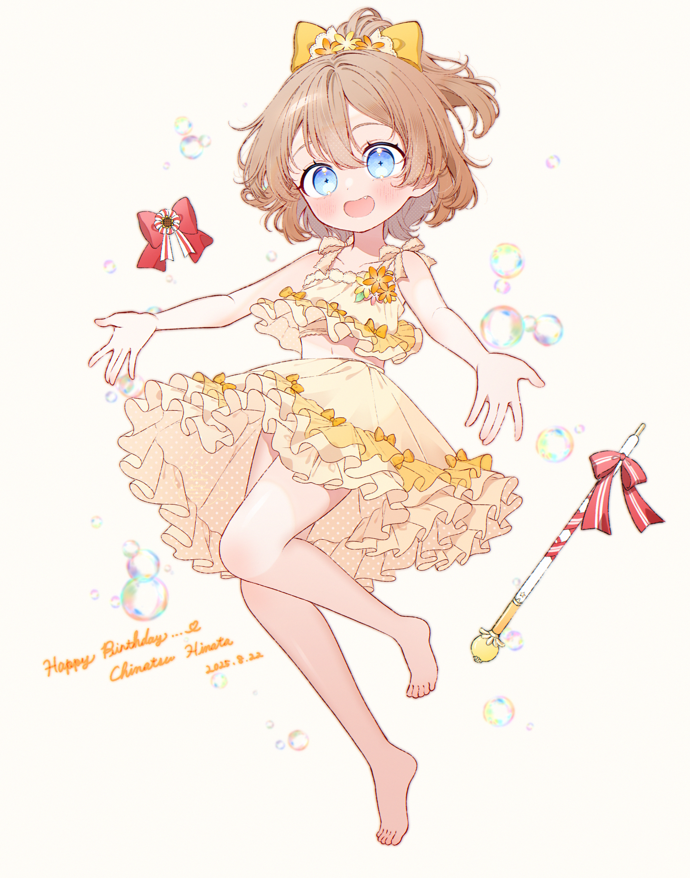 sakuranoron, hinata chinatsu, ongeki, absurdres, highres, 1girl, :d, bare arms, bare shoulders, barefoot, blue eyes, blush, bow, brown hair, dress, food, frills, full body, hair bow, open mouth, sleeveless, smile, solo, striped background, yellow bow