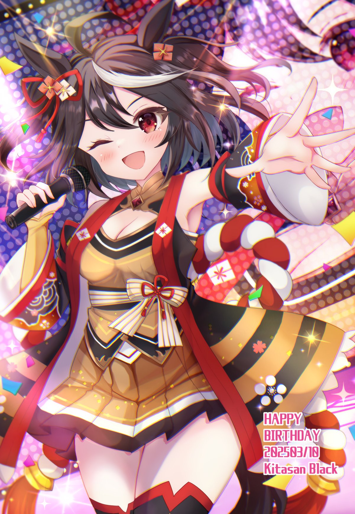 terimuku, kitasan black (umamusume), umamusume, commentary request, highres, 1girl, ;d, ahoge, animal ears, bare shoulders, black hair, black sleeves, black thighhighs, blush, breasts, brown skirt, character name, cleavage, cleavage cutout, clothing cutout, dated, detached sleeves, hair between eyes, hair ornament, happy birthday, horse ears, horse girl, horse tail, long sleeves, looking at viewer, medium breasts, multicolored hair, one eye closed, open mouth, outstretched arm, pleated skirt, red eyes, skirt, smile, solo, streaked hair, tail, thighhighs, two side up, white hair, wide sleeves, zoom layer
