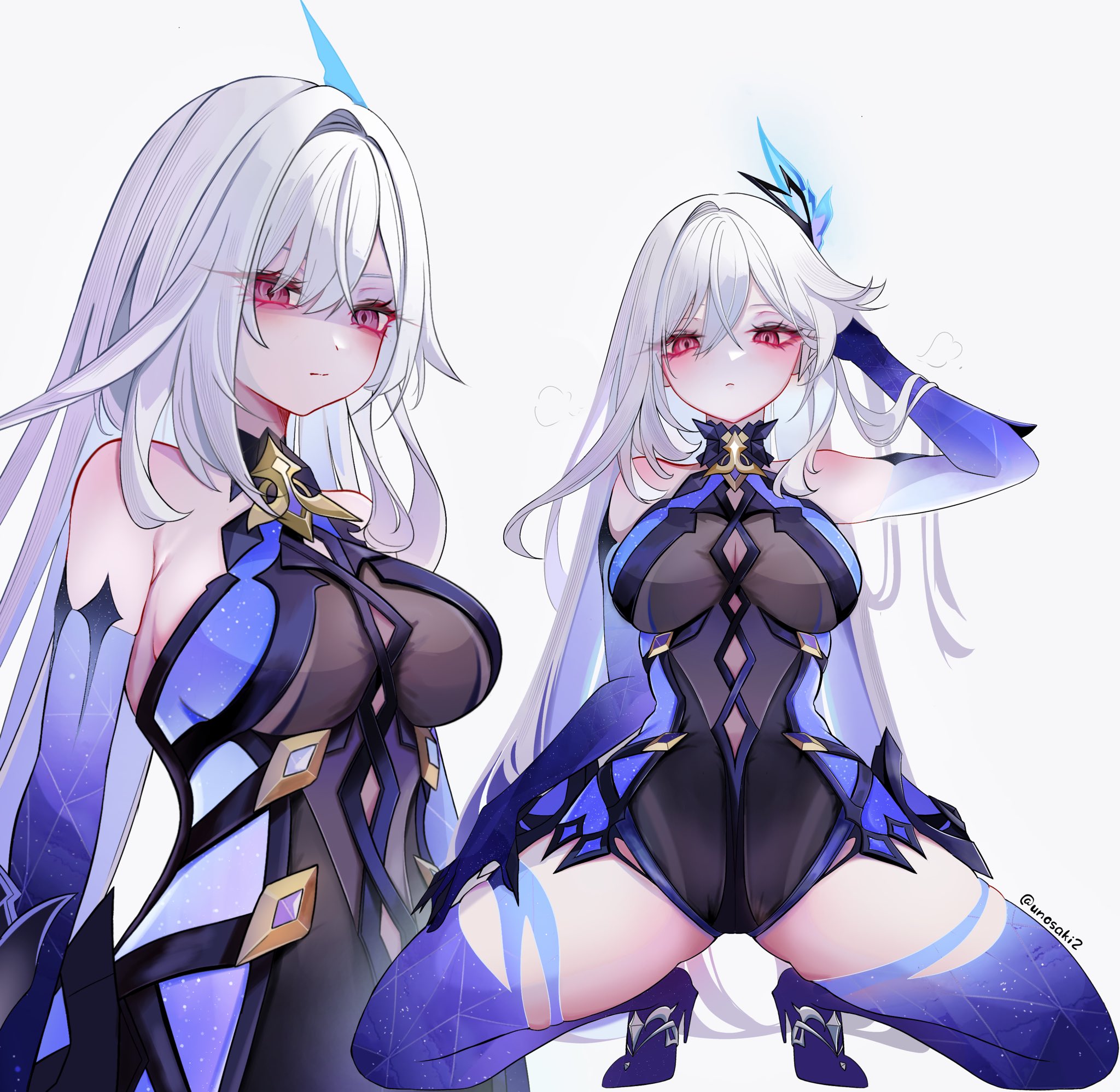 unosaki2, skirk (genshin impact), genshin impact, highres, 1girl, bodysuit, breasts, hair ornament, hand in own hair, high heels, large breasts, long hair, looking at viewer, multiple views, pink eyes, prosthesis, prosthetic arm, prosthetic leg, simple background, squatting, twitter username, white background, white hair