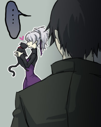 hei (darker than black), mao (darker than black), yin (darker than black), darker than black, lowres, …, 00s, 1boy, 1girl, black cat, black hair, cat, collar, dress, grey hair, hair ribbon, heart, jacket, long sleeves, ponytail, purple dress, ribbon