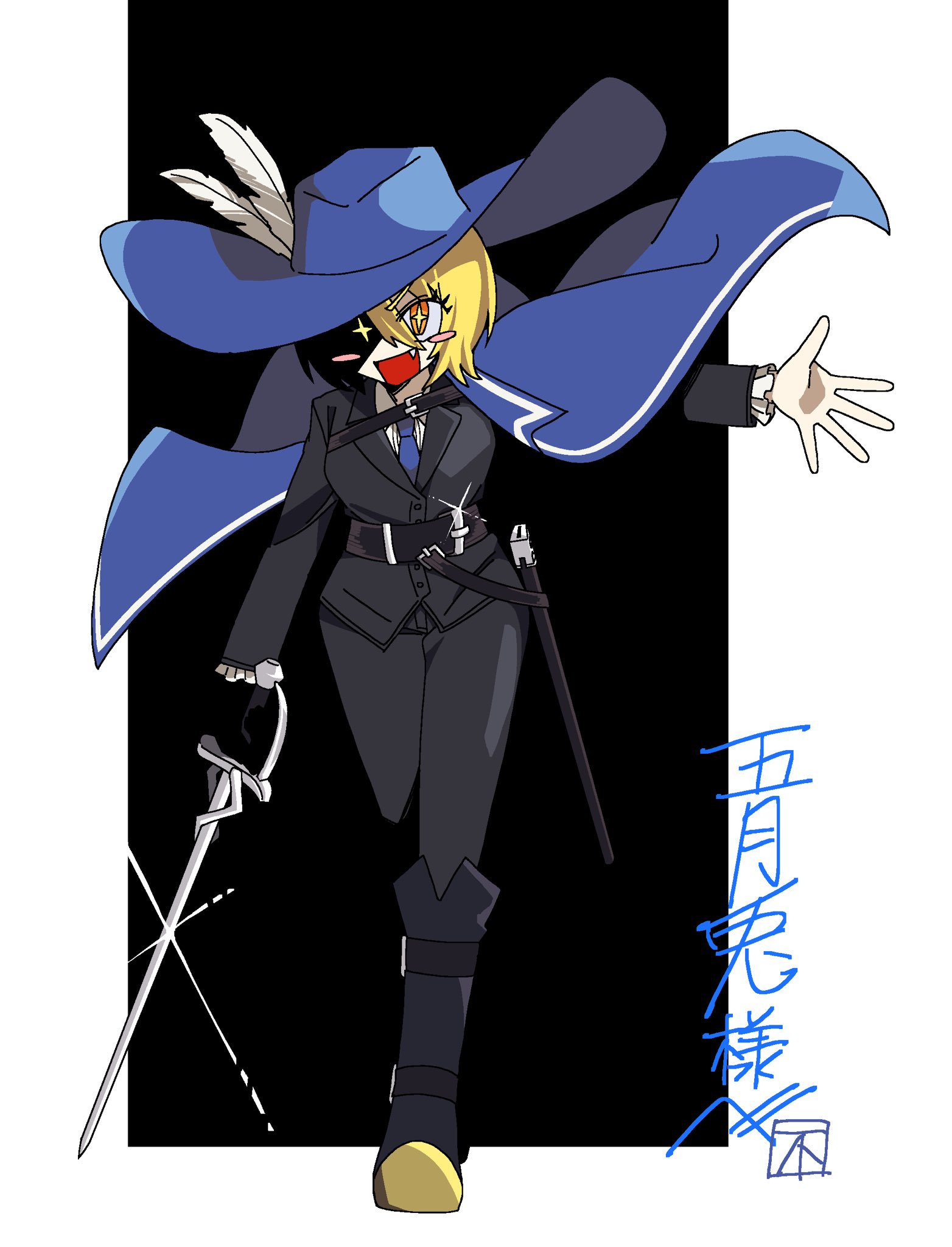 fujiendou, don quixote (project moon), limbus company, project moon, highres, + +, 1girl, :d, black background, black gloves, black jacket, black pants, black shoes, blonde hair, blue cape, blue hat, blue necktie, border, cape, cavalier hat, cinq association south uniform, collared shirt, face in shadow, fang, full body, gloves, hat, hat feather, holding, holding sword, holding weapon, jacket, looking at viewer, musketeer, necktie, open mouth, pants, rapier, shirt, shoes, short hair, simple background, single glove, smile, solo, standing, sword, weapon, white border, white shirt, yellow eyes